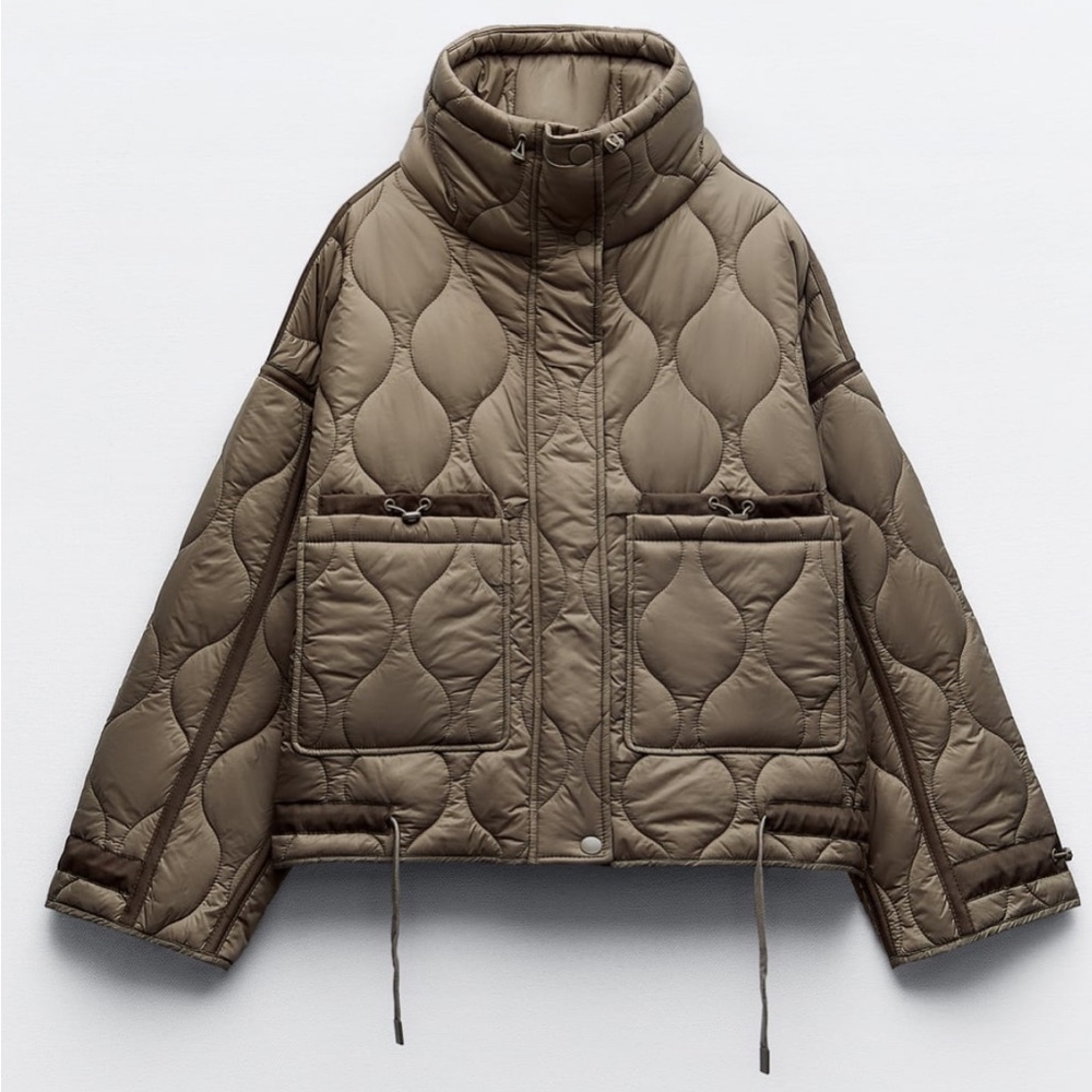 Zara Water Repellent Quilted Puffer Jacket Size Small Taupe Gray